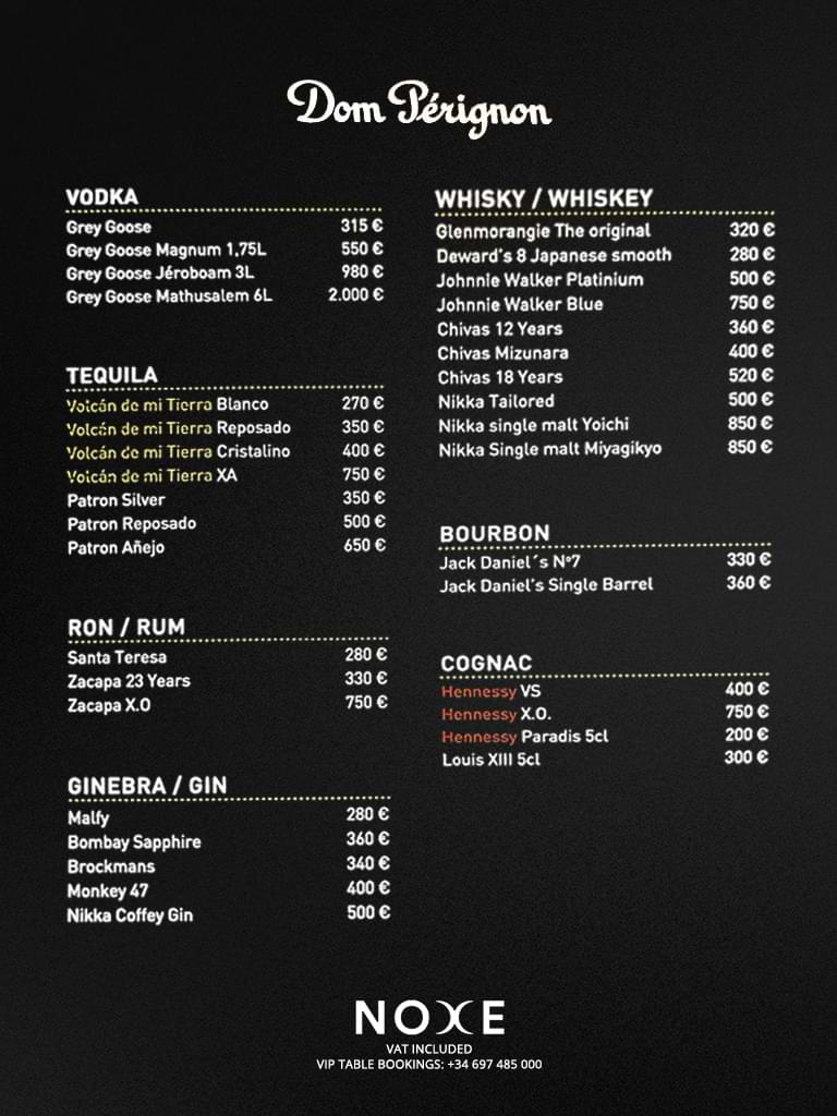 carta precios noxe barcelona price bottle menu